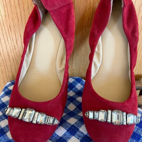 COLE HAAN suede flats, women's size 7 1/ 2, red with beads on front. - Picture 3 of 8